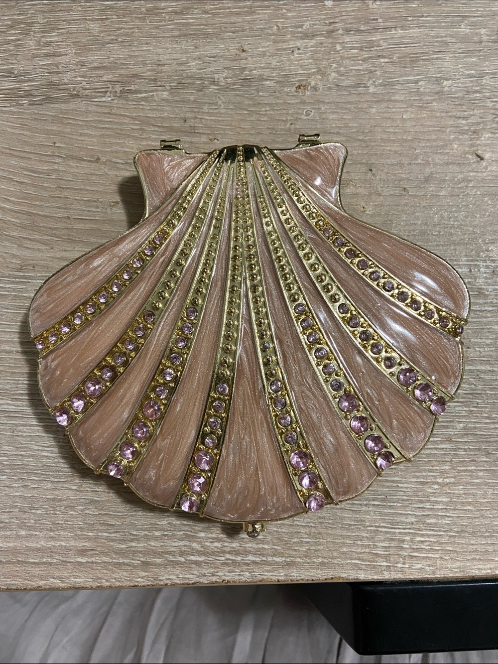 Vintage Pink Enamel Bejewelled Scallop Sea Shell Brooch with Gold-Tone Accents